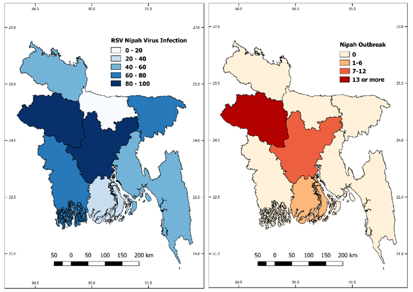 Figure 6. Maps Showing Distribution of RSV and Frequency of Nipah Outbreaks by Divisions of Bangladesh from Jan 2018 to Jul 2023